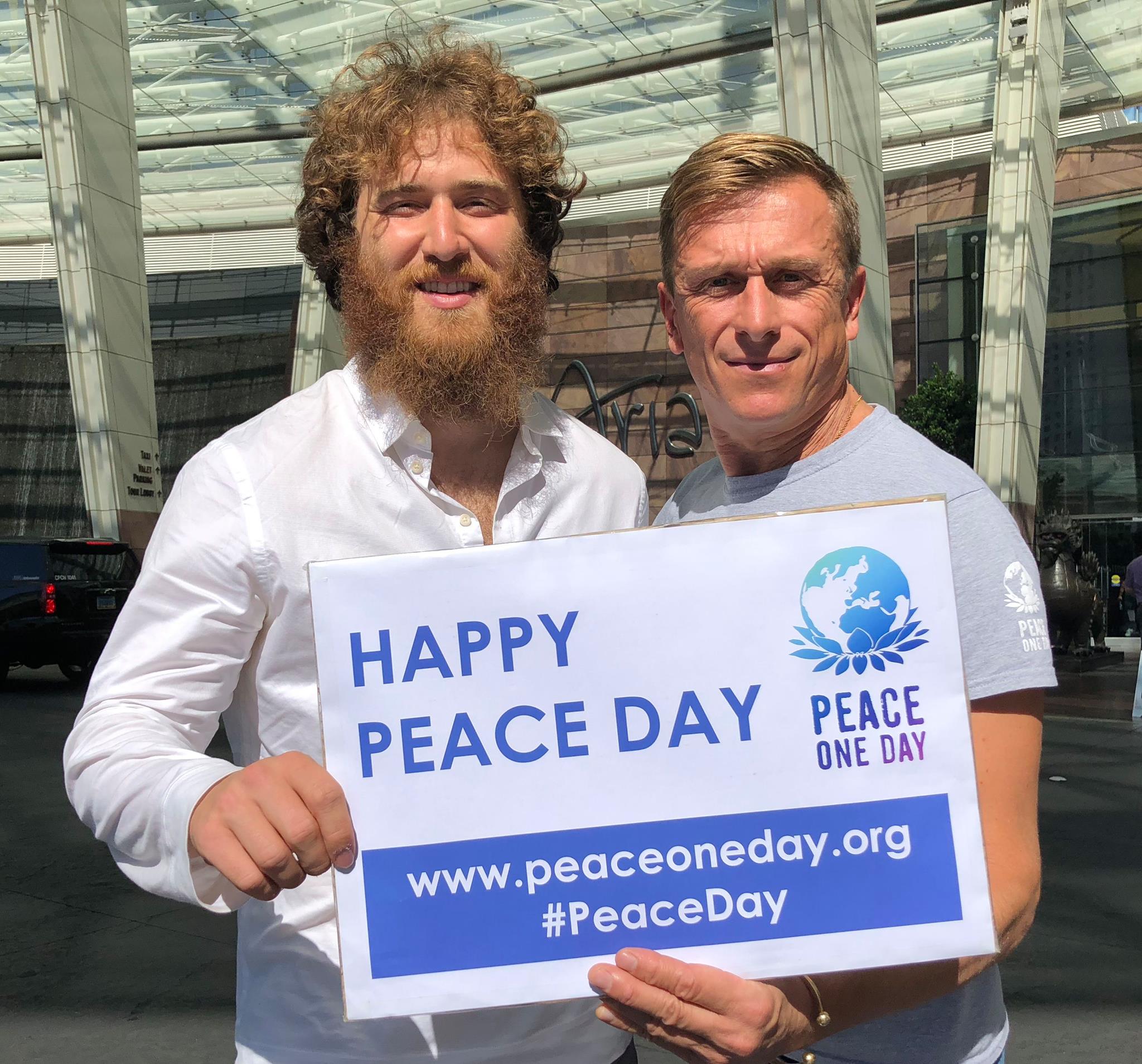 Jeremy Gilley and Mike Posner at iHeartRadio Music Festival to raise awareness of Peace Day on September 21, 2018
Jeremy Gilley and Mike Posner at iHeartRadio Music Festival to raise awareness of Peace Day on September 21, 2018
