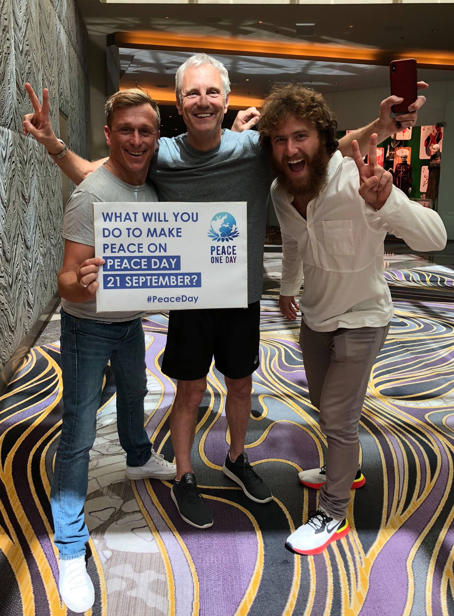 Jeremy Gilley and Mike Posner at iHeartRadio Music Festival to raise awareness of Peace Day on September 21, 2018
Jeremy Gilley and Mike Posner at iHeartRadio Music Festival to raise awareness of Peace Day on September 21, 2018
