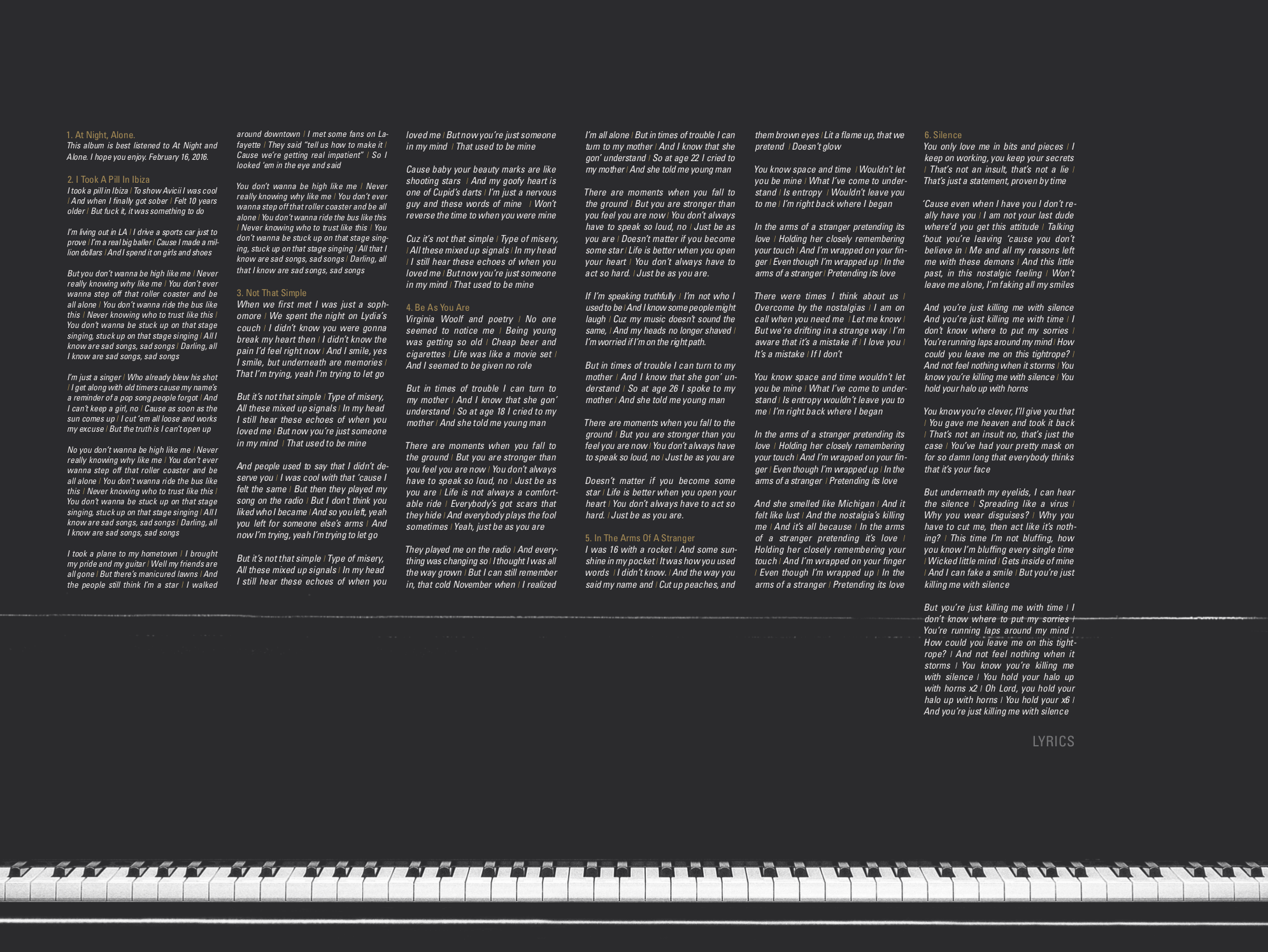 Mike Posner - At Night, Alone. (Digital Booklet)
Released: May 6, 2016 
Label: Island Records
