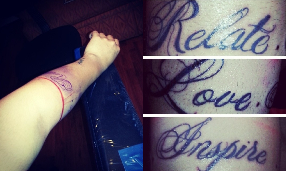 Andy's left forearm tattoo of Mike Posner's inspirational quote "Relate. Love. Inspire." April 2014
instagram.com/ayandaay

