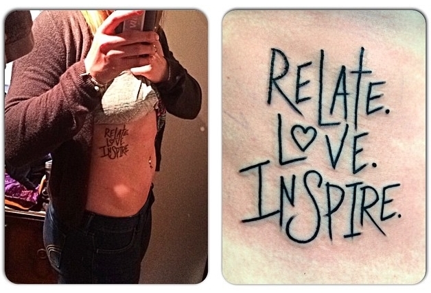 Ashlie's torso tattoo of Mike Posner's inspirational quote "Relate. Love. Inspire." May 19, 2015
instagram.com/ishlie
