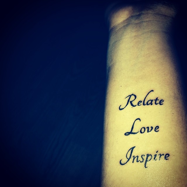 Fatou's right inner forearm tattoo of Mike Posner's inspirational quote "Relate. Love. Inspire." March 2014
instagram.com/fatoubah
