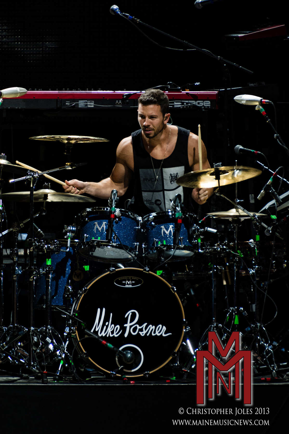 Mike Posner's drummer Greg Petersen on the Warrior Tour in Bangor, ME 8/30/13
Photo by Christopher Joles
mainemusicnews.com
