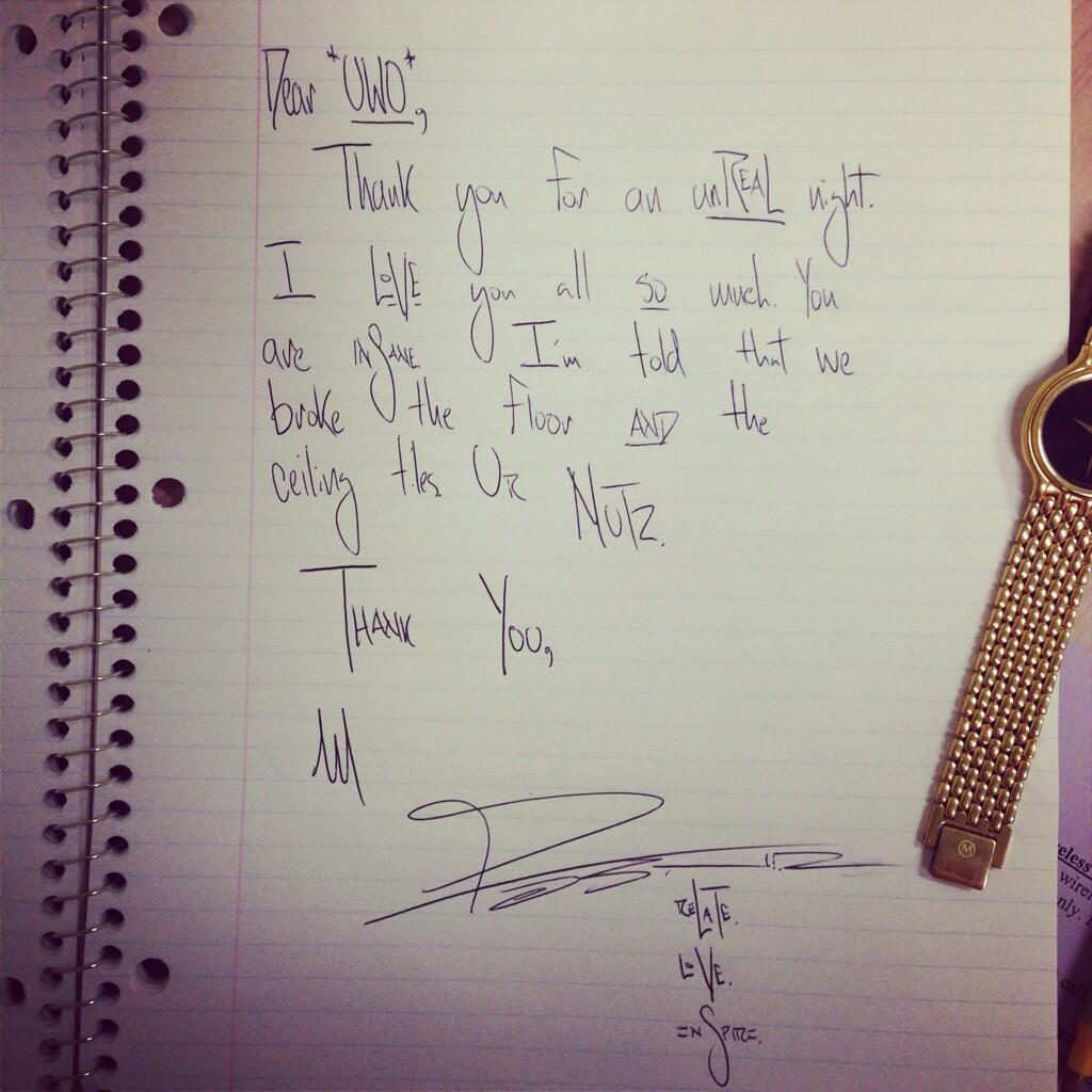 Mike Posner's handwritten letter to Fans that attended Bye Gosh Fest 2014 at UW Oshkosh in Oshkosh, WI 5/8/14
Twitter @MikePosner
