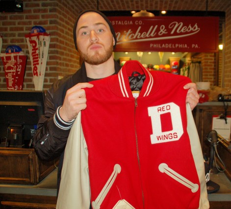 Mike Posner bought a 1949 Red Wings jacket at Mitchell & Ness - Philadelphia, PA 2/9/12
mitchellandness.com
