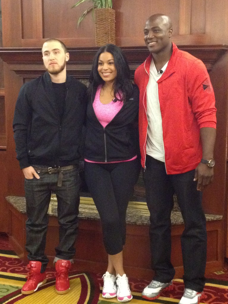 Mike Posner, Jordin Sparks and DeMarcus Ware of the Dallas Cowboys for Reebok
