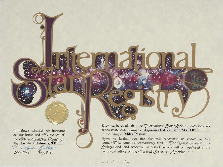 A Star named after Mike Posner in 2012, a gift to Mike Posner from The Posner Pretties
twitter.com/PosnerPretties
