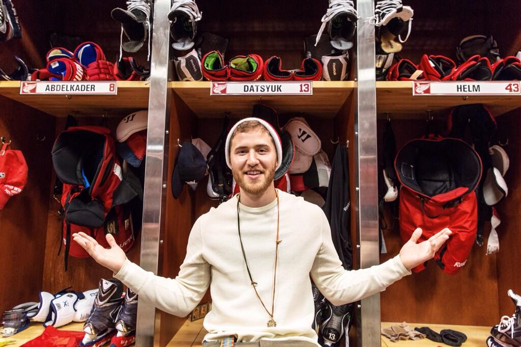 Mike Posner in front of Pavel Datsyuk's locker after the Detroit Red Wings vs. Boston Bruins game - Detroit, MI 11/27/13
Twitter @danmannes
 Mike Posner in front of Pavel Datsyuk's locker after the Detroit Red Wings vs. Boston Bruins game - Detroit, MI 11/27/13
Twitter @danmannes