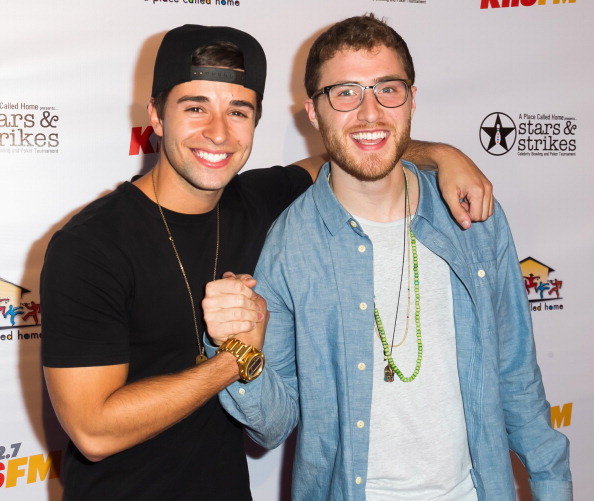 Mike Posner with Jake Miller (singer) at Stars & Strikes 2014 at PINZ in Studio City, CA 3/19/14
