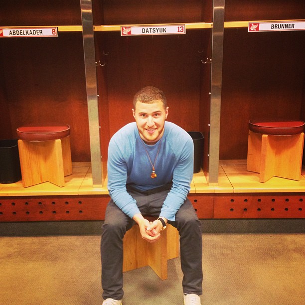 Mike Posner in the Joe Louis Arena sitting at Red Wings hockey player Pavel Datsyuk's locker 7/28/13
Photo by Mike Posner
instagram.com/mikeposner

