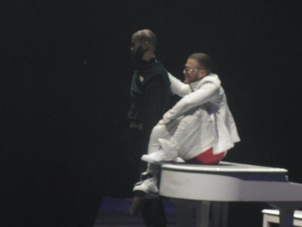 Mike Posner pranks Justin Bieber onstage during his performance on the Believe Tour in Indianapolis, IN 7/10/13

