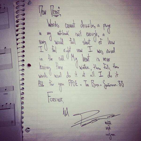 Mike Posner's handwritten letter to fans after his Unplugged Tour in Detroit, MI 4/6/14
Twitter @MikePosner
