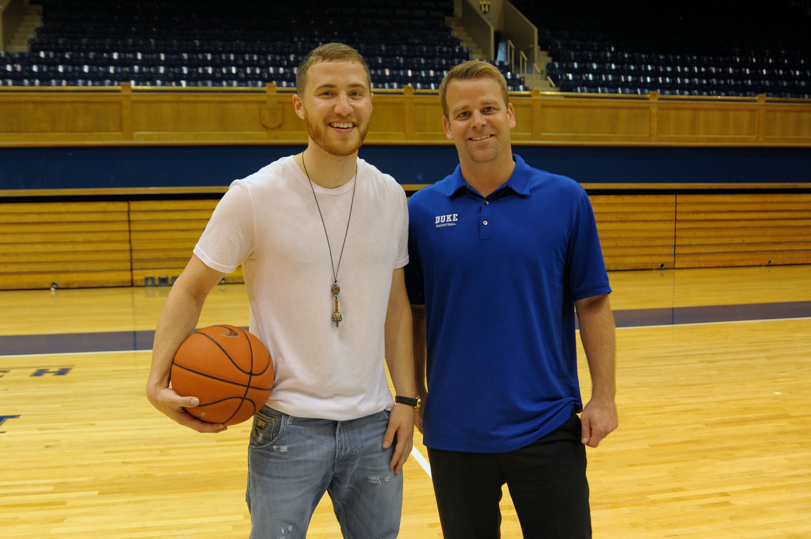 Mike Posner and Coach Steve "Wojo" Wojciechowski at Cameron Indoor Stadium at Duke University 8/13/13
Photo by dukeblueplanet.com
