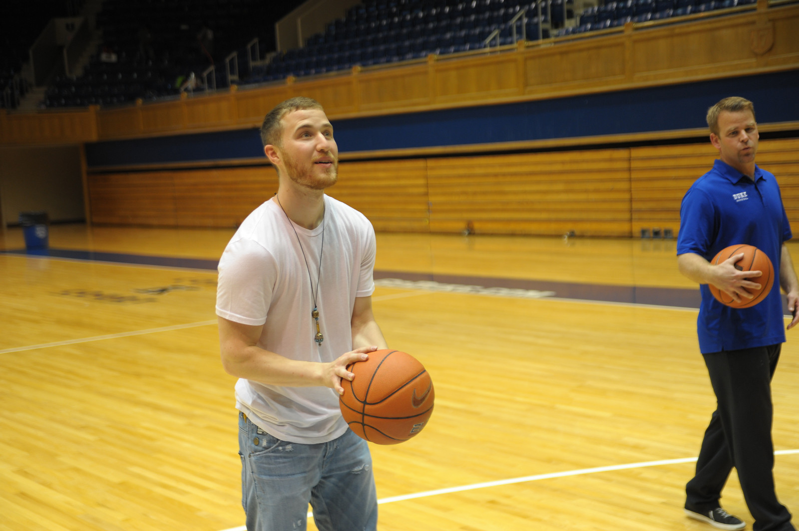 Mike Posner and Coach Steve "Wojo" Wojciechowski playing basketball at Cameron Indoor Stadium at Duke University 8/13/13
Photo by dukeblueplanet.com
