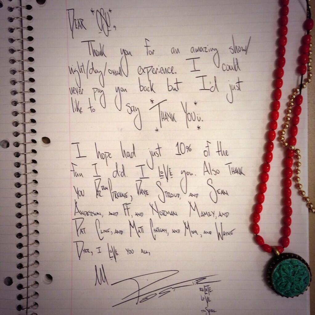 Mike Posner's handwritten letter thanking OSU students and others after performing at Dam Jam 2014 5/31/14
twitter.com/MikePosner
